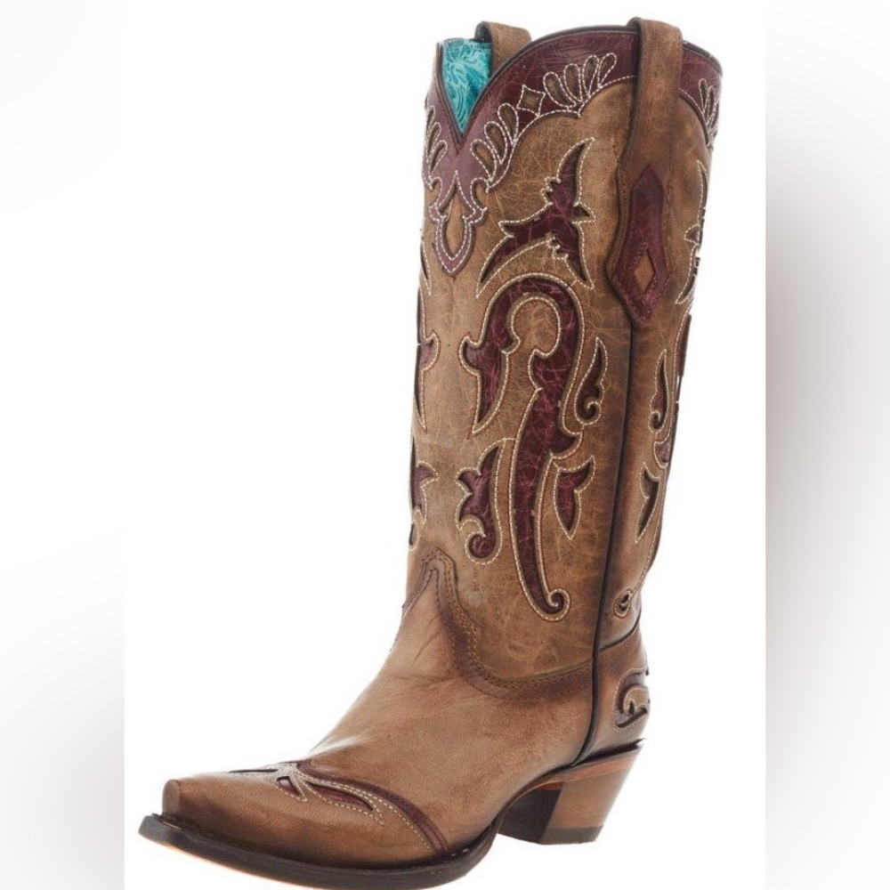 Corral Women's Orix Brown with Red Inlay Snip Toe Cowgirl Boots size 9.5